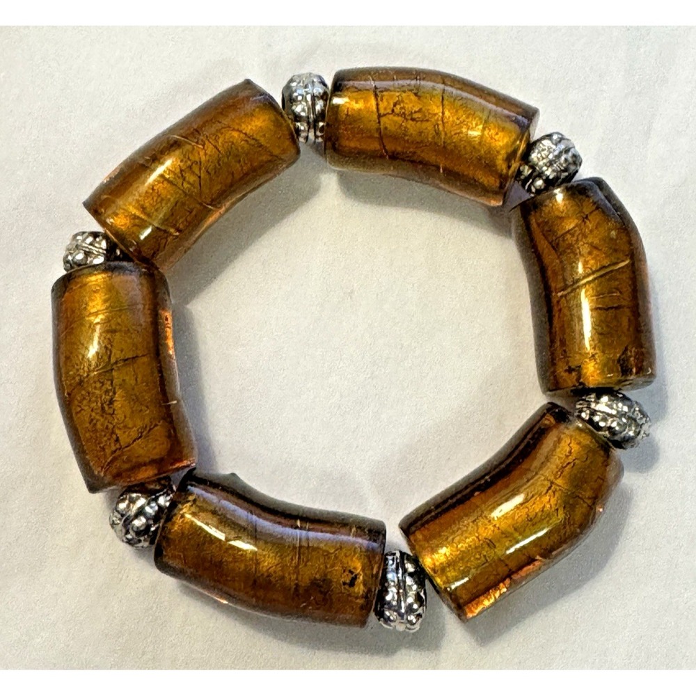 Amber Gold Foil Glass Tube Bead Stretch Bracelet Silver Ornate Spacers Boho 6in
